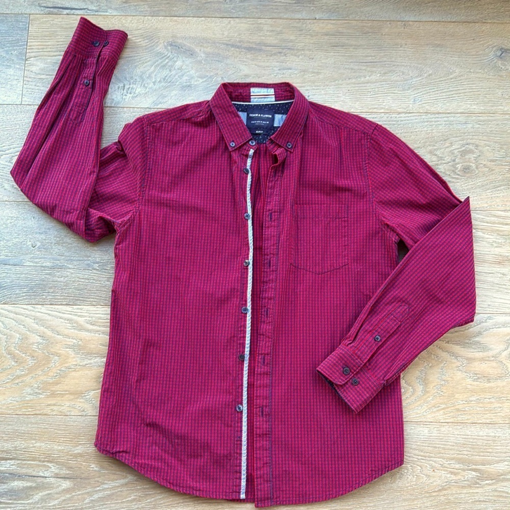 Denim & Flower Red/Navy Plaid Slim Fit Long Sl Button-Down w/Patterned Cuffs-Med